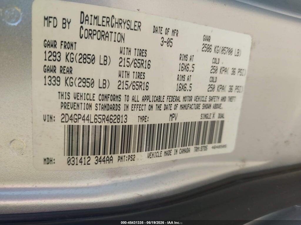 2D4GP44L65R462813 2005 DODGE CARAVAN photo no. 9