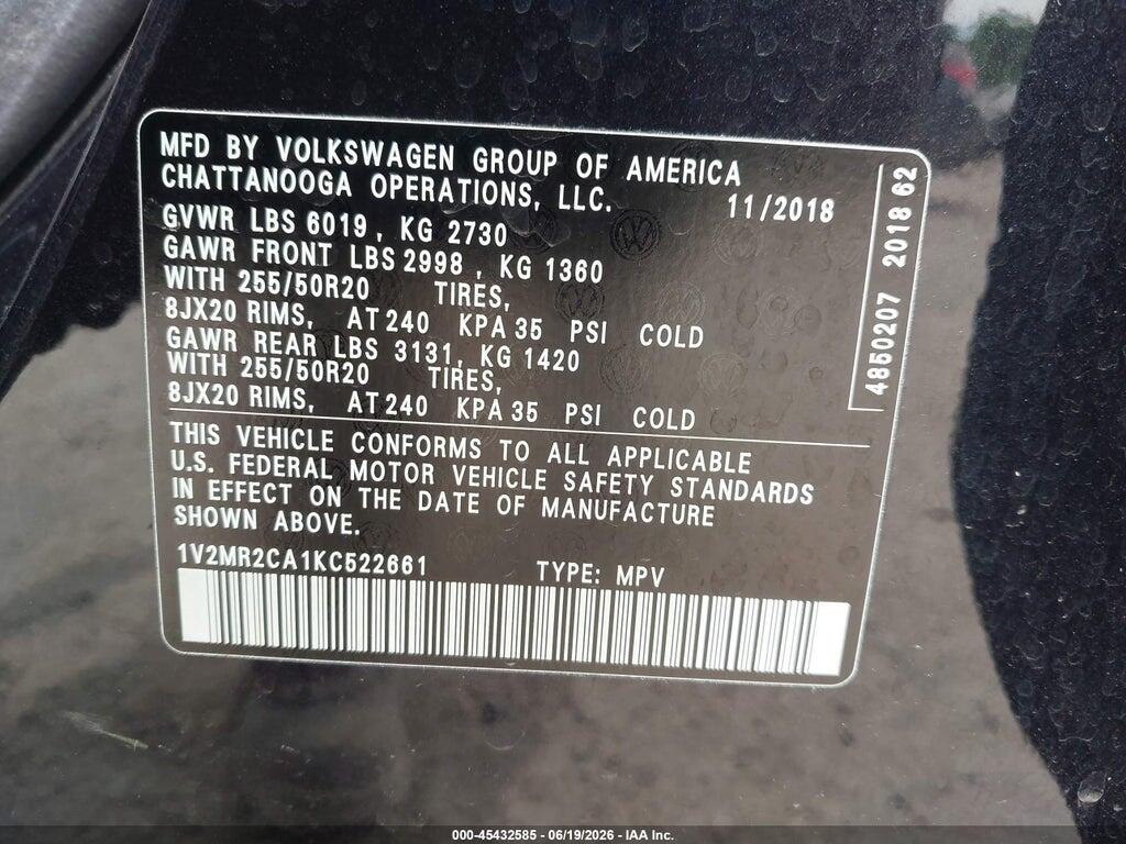 1V2MR2CA1KC522661 2019 VOLKSWAGEN ATLAS photo no. 9