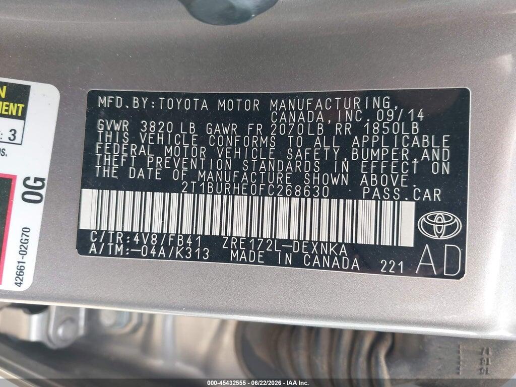 2T1BURHE0FC268630 2015 TOYOTA COROLLA photo no. 9