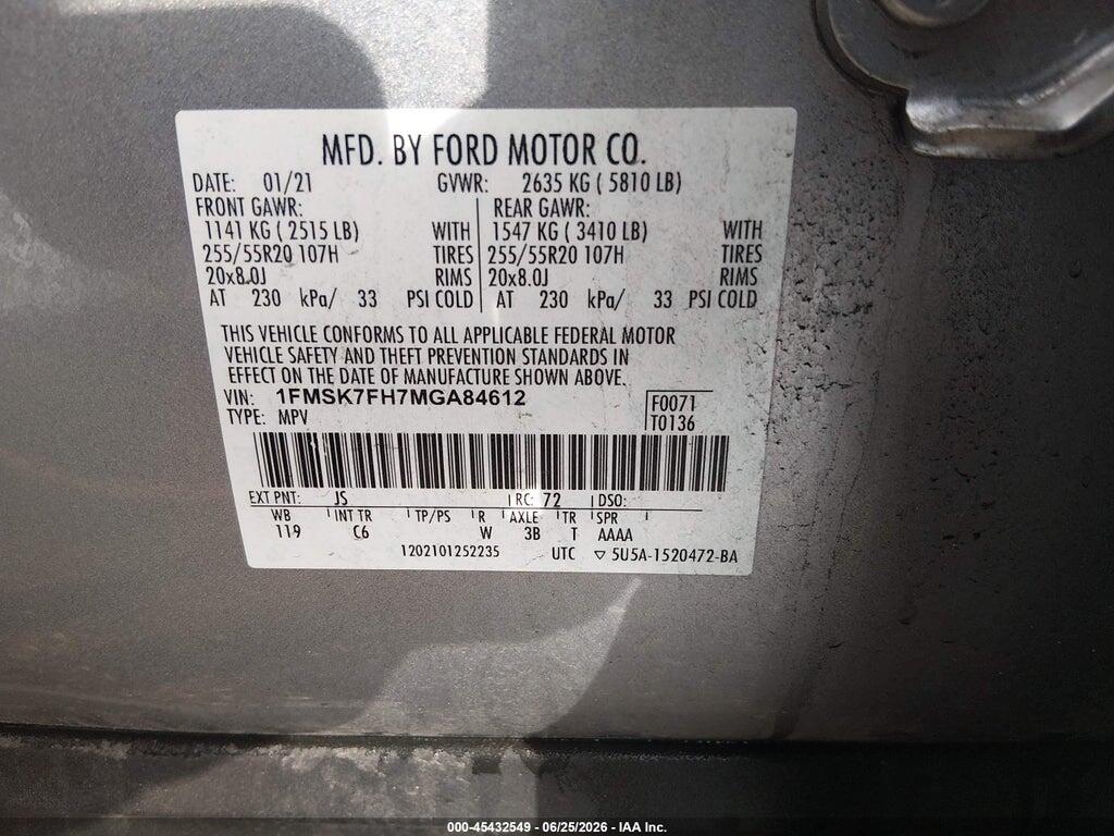 1FMSK7FH7MGA84612 2021 FORD EXPLORER photo no. 9