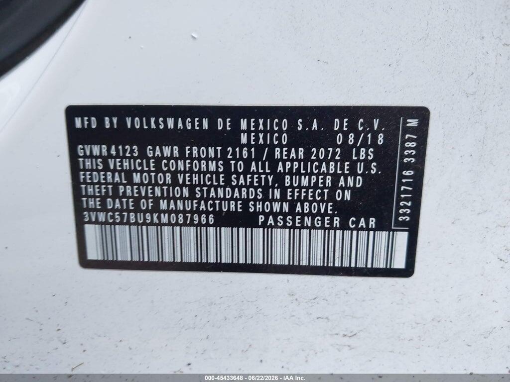 3VWC57BU9KM087966 2019 VOLKSWAGEN JETTA photo no. 9