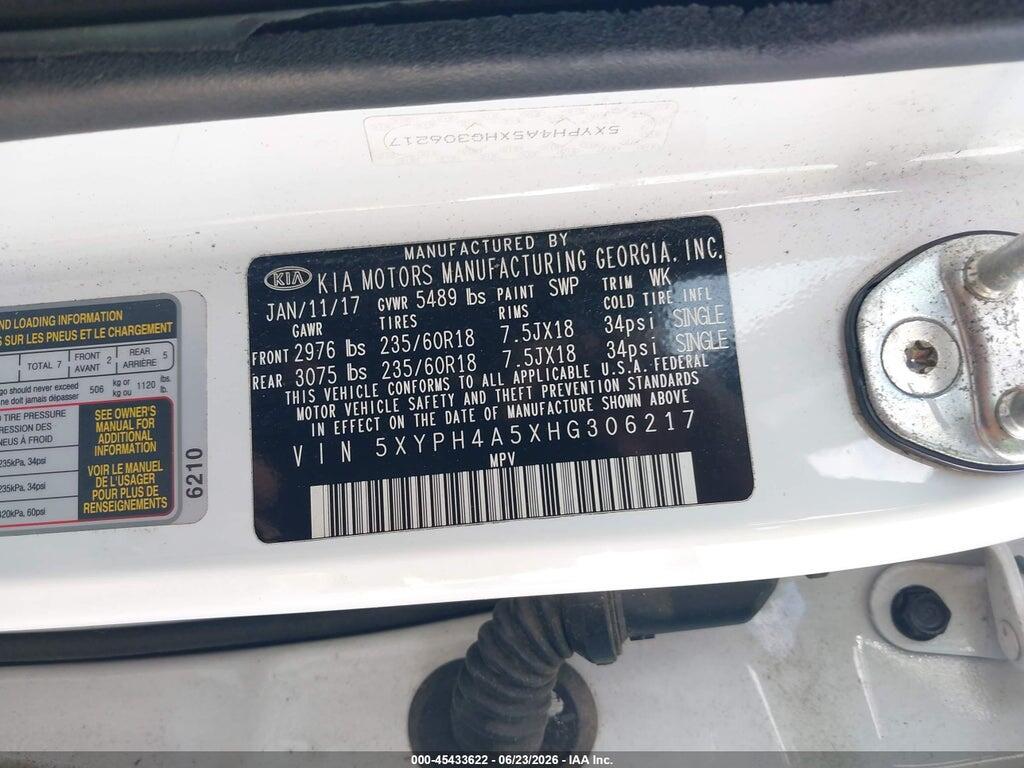 5XYPH4A5XHG306217 2017 KIA SORENTO photo no. 9