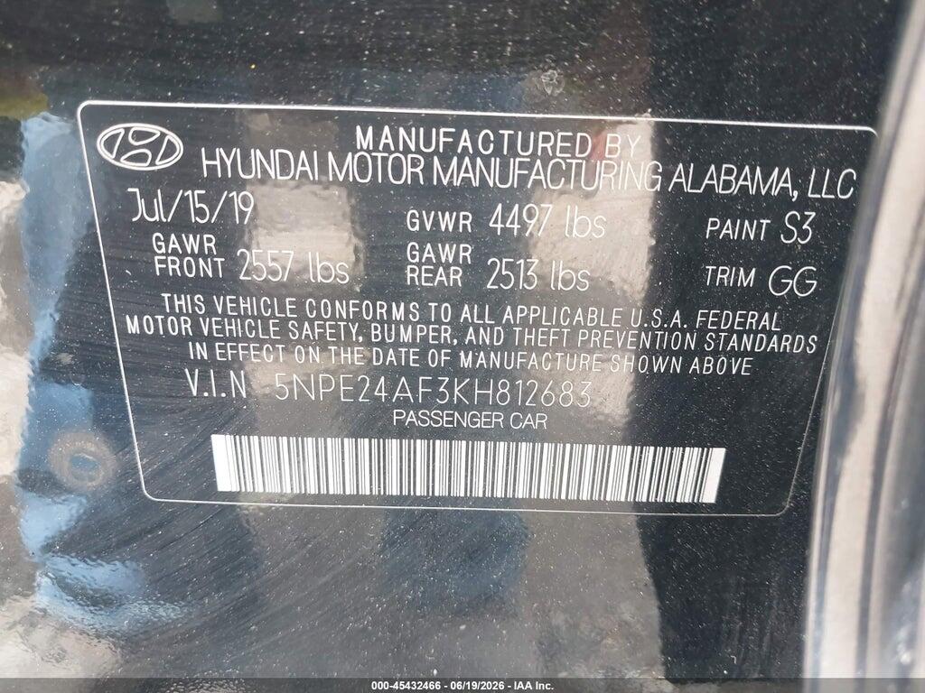 5NPE24AF3KH812683 2019 HYUNDAI SONATA photo no. 9