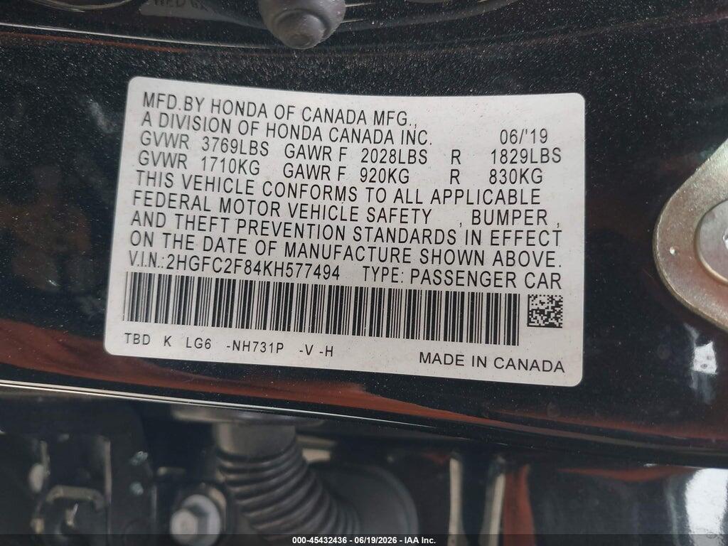 2HGFC2F84KH577494 2019 HONDA CIVIC photo no. 9