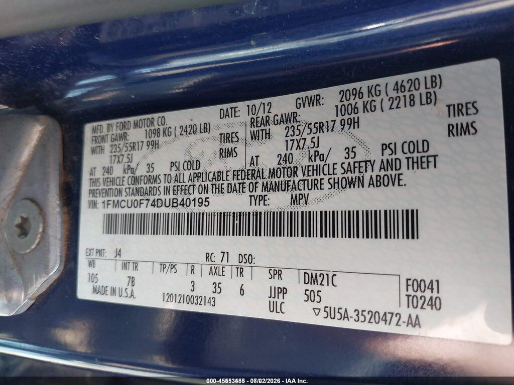 1FMCU0F74DUB40195 2013 FORD ESCAPE photo no. 9