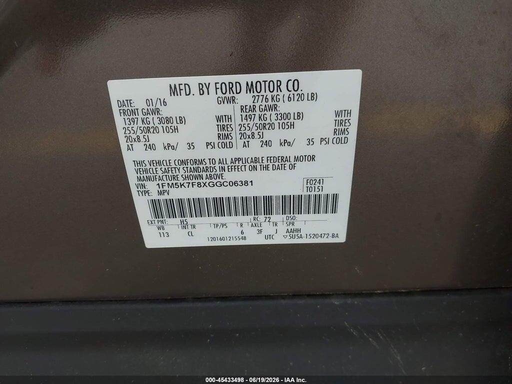 1FM5K7F8XGGC06381 2016 FORD EXPLORER photo no. 9
