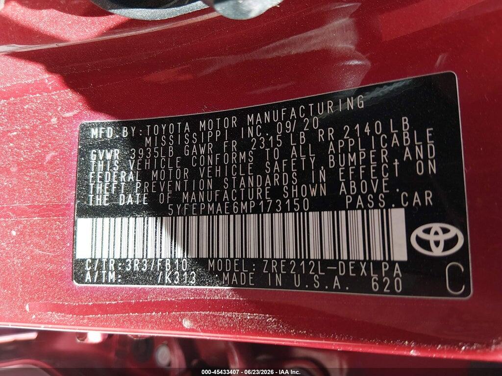 5YFEPMAE6MP173150 2021 TOYOTA COROLLA photo no. 9
