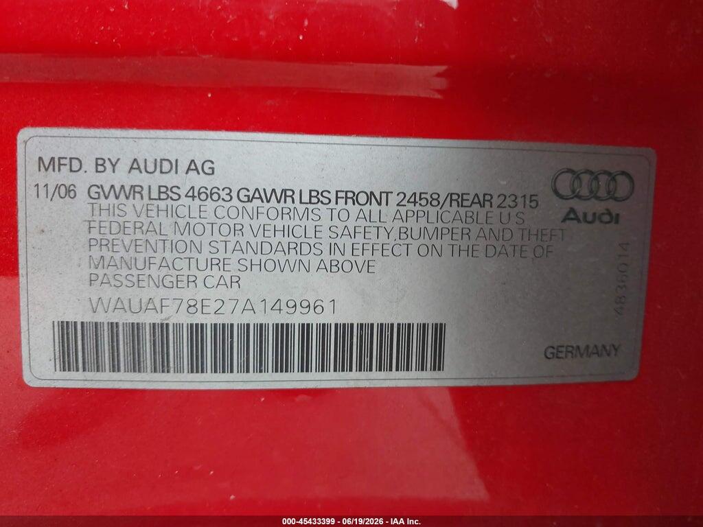 WAUAF78E27A149961 2007 AUDI A4 photo no. 9