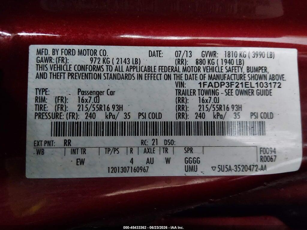 1FADP3F21EL103172 2014 FORD FOCUS photo no. 9