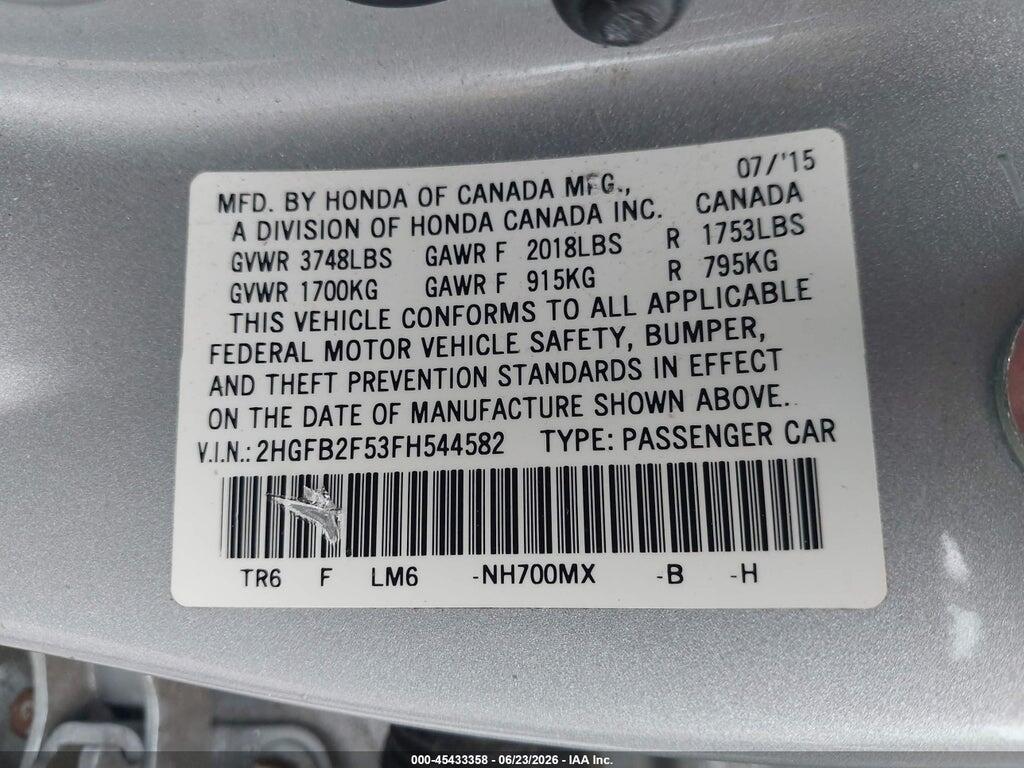2HGFB2F53FH544582 2015 HONDA CIVIC photo no. 9