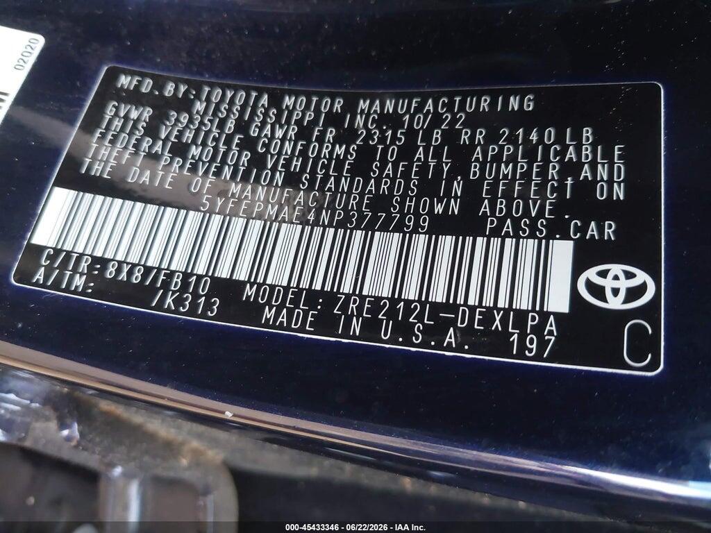5YFEPMAE4NP377799 2022 TOYOTA COROLLA photo no. 9
