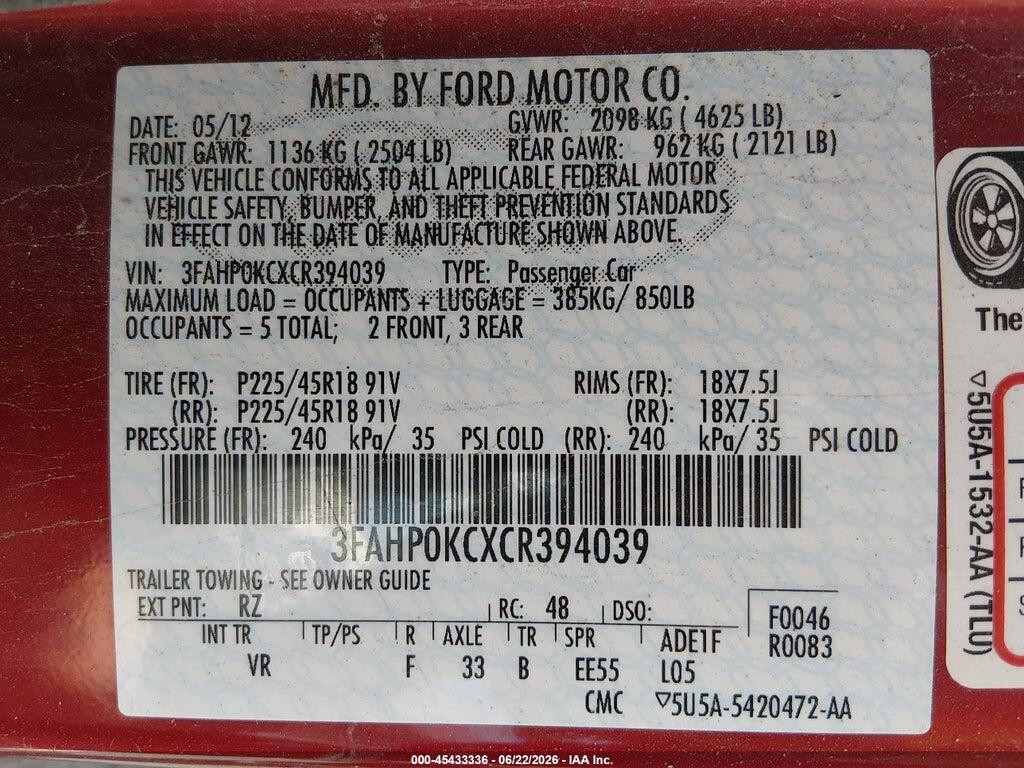 3FAHP0KCXCR394039 2012 FORD FUSION photo no. 9