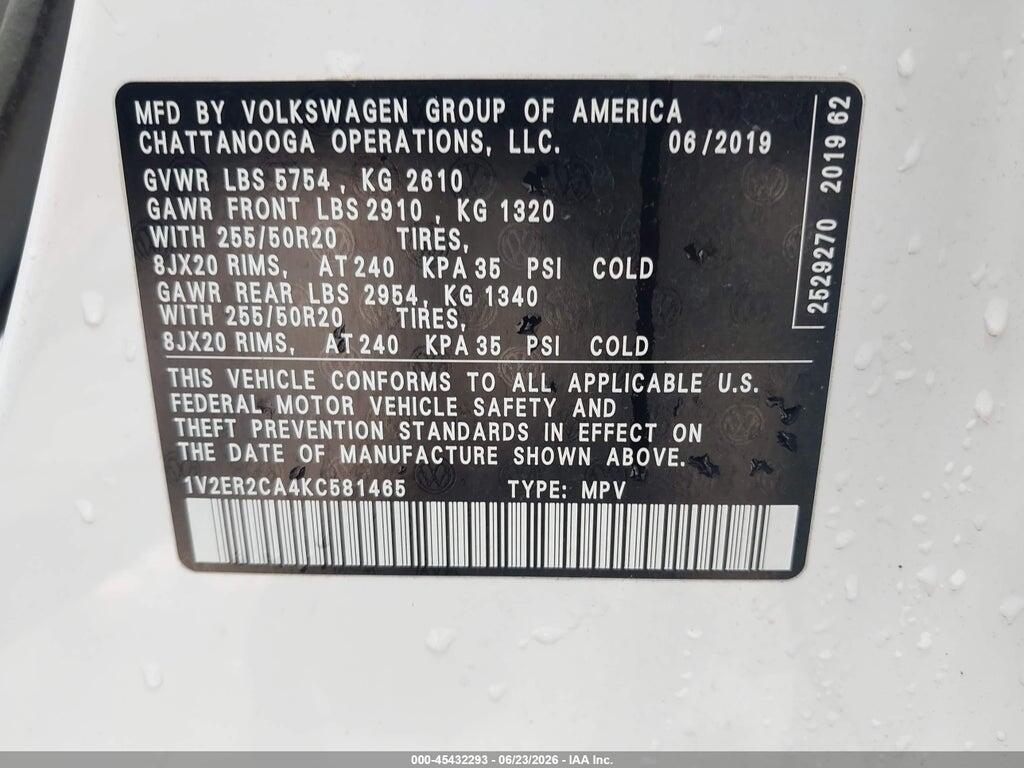 1V2ER2CA4KC581465 2019 VOLKSWAGEN ATLAS photo no. 9