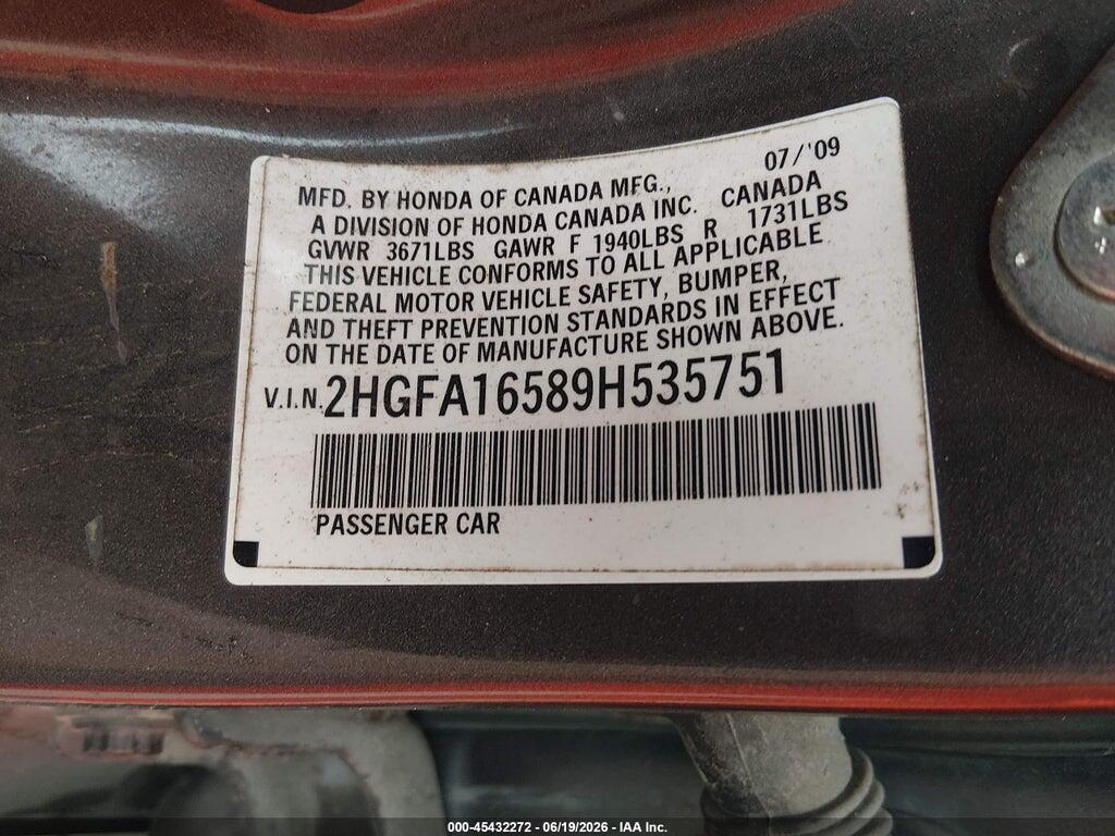 2HGFA16589H535751 2009 HONDA CIVIC photo no. 9