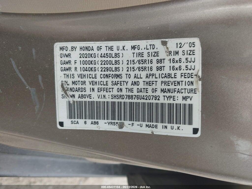 SHSRD78876U420792 2006 HONDA CR-V photo no. 9