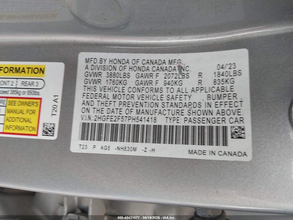 2HGFE2F57PH541418 2023 HONDA CIVIC photo no. 9
