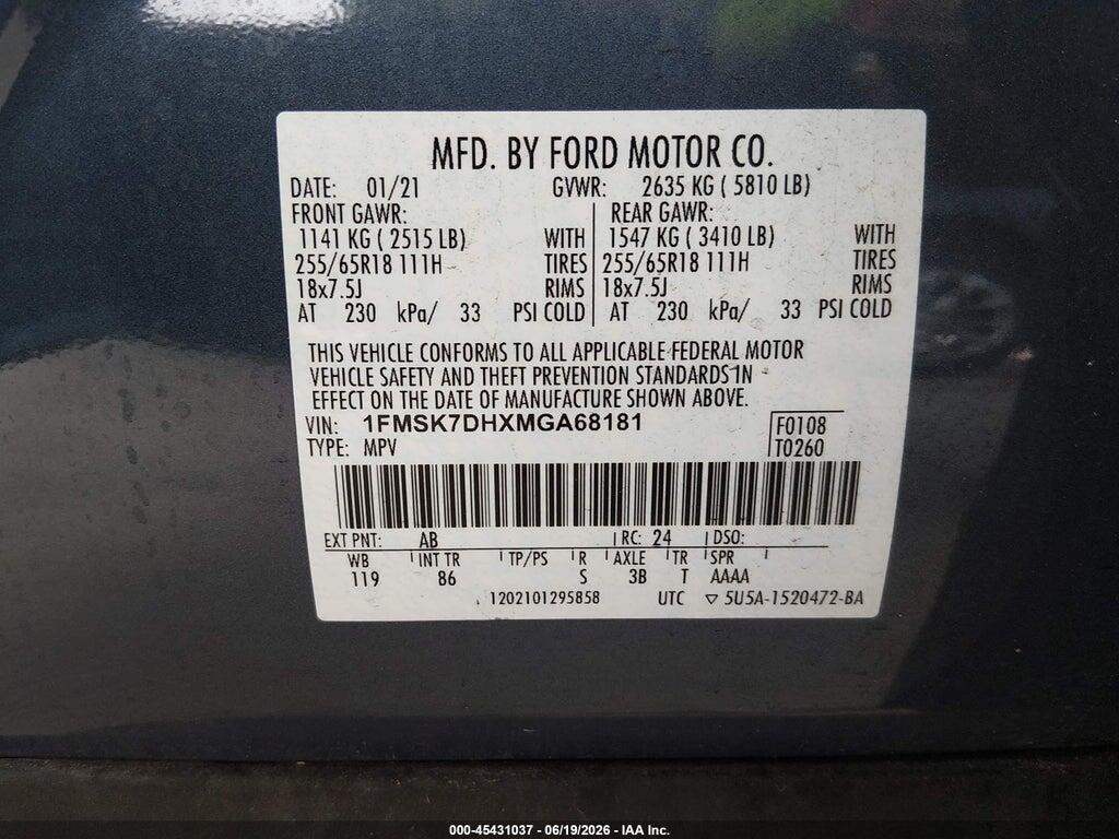 1FMSK7DHXMGA68181 2021 FORD EXPLORER photo no. 9