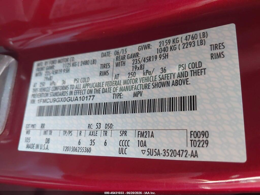 1FMCU9GX0GUA10177 2016 FORD ESCAPE photo no. 9