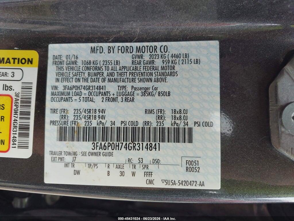 3FA6P0H74GR314841 2016 FORD FUSION photo no. 9