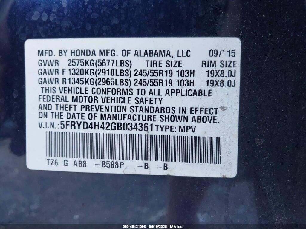 5FRYD4H42GB034361 2016 ACURA MDX photo no. 9