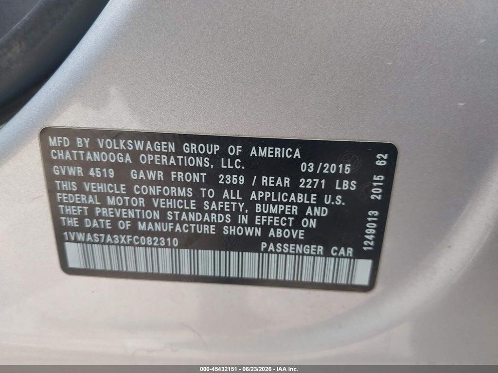 1VWAS7A3XFC082310 2015 VOLKSWAGEN PASSAT photo no. 9