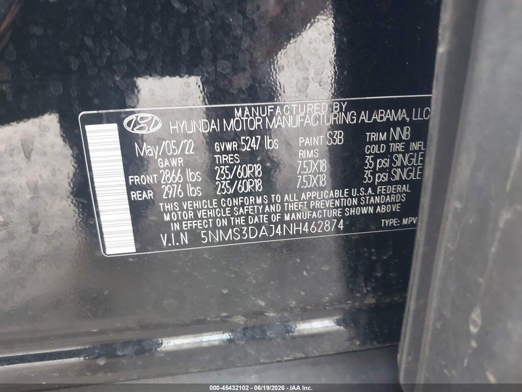 5NMS3DAJ4NH462874 2022 HYUNDAI SANTA FE photo no. 9