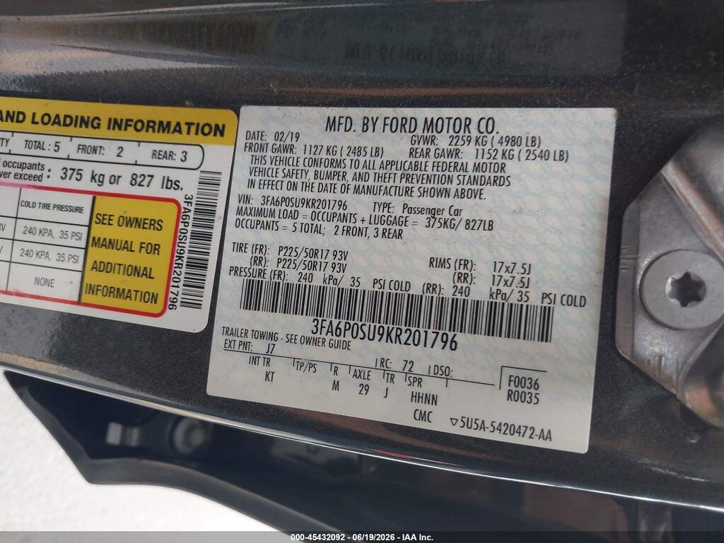 3FA6P0SU9KR201796 2019 FORD FUSION ENERGI photo no. 9
