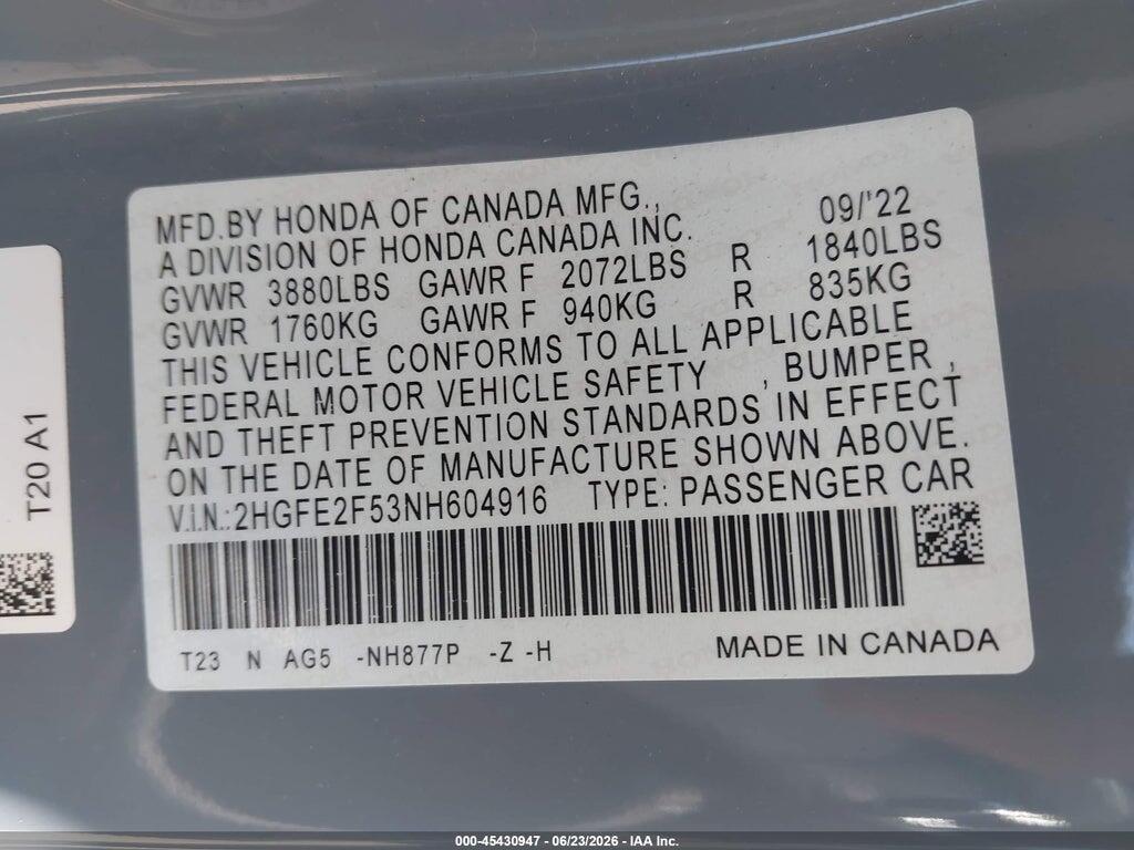 2HGFE2F53NH604916 2022 HONDA CIVIC photo no. 9
