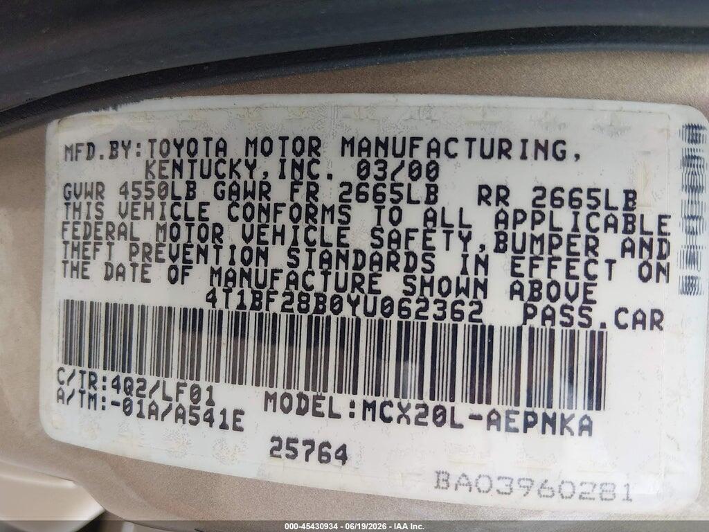 4T1BF28B0YU062362 2000 TOYOTA AVALON photo no. 9