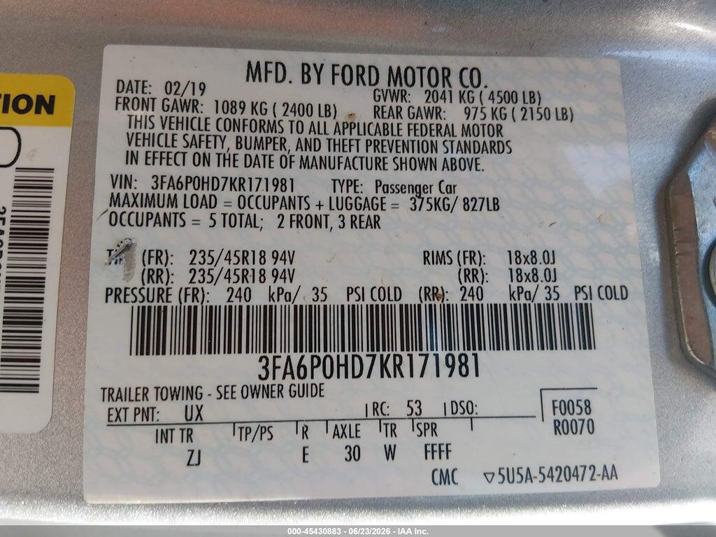 3FA6P0HD7KR171981 2019 FORD FUSION photo no. 9
