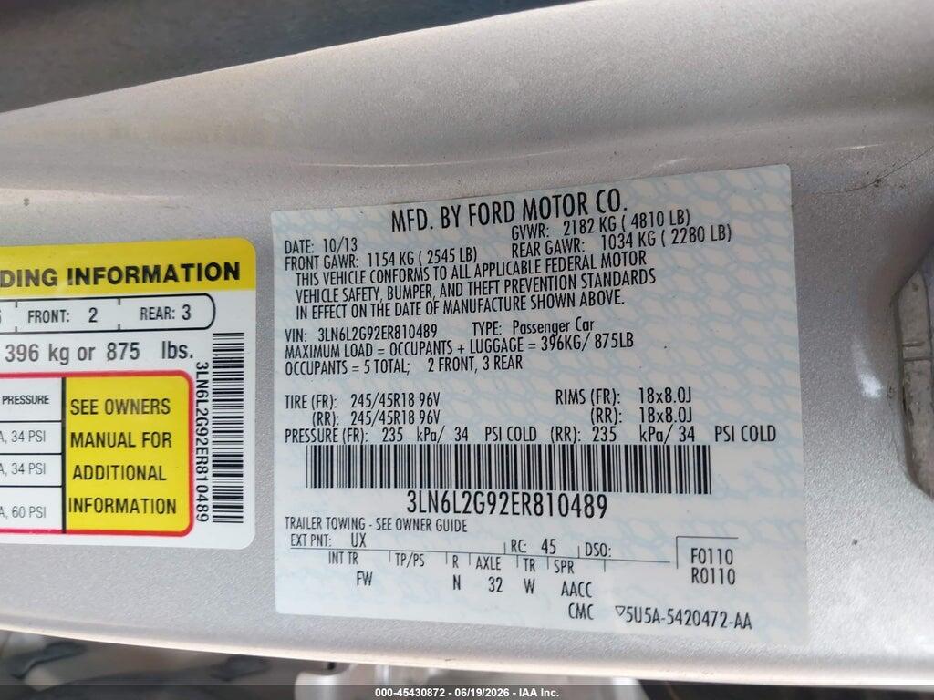 3LN6L2G92ER810489 2014 LINCOLN MKZ photo no. 9