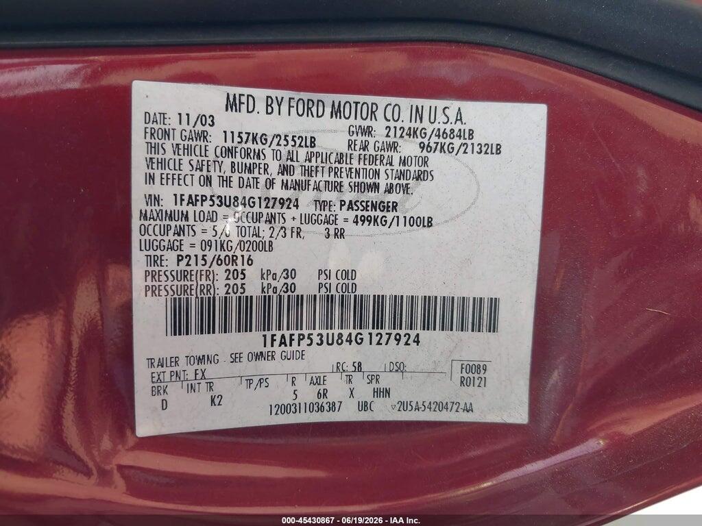 1FAFP53U84G127924 2004 FORD TAURUS photo no. 9