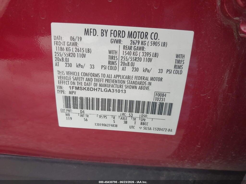 1FMSK8DH7LGA31013 2020 FORD EXPLORER photo no. 9