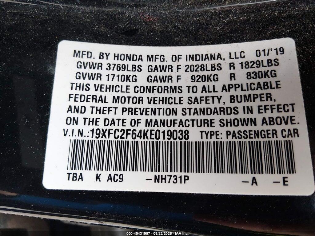 19XFC2F64KE019038 2019 HONDA CIVIC photo no. 9
