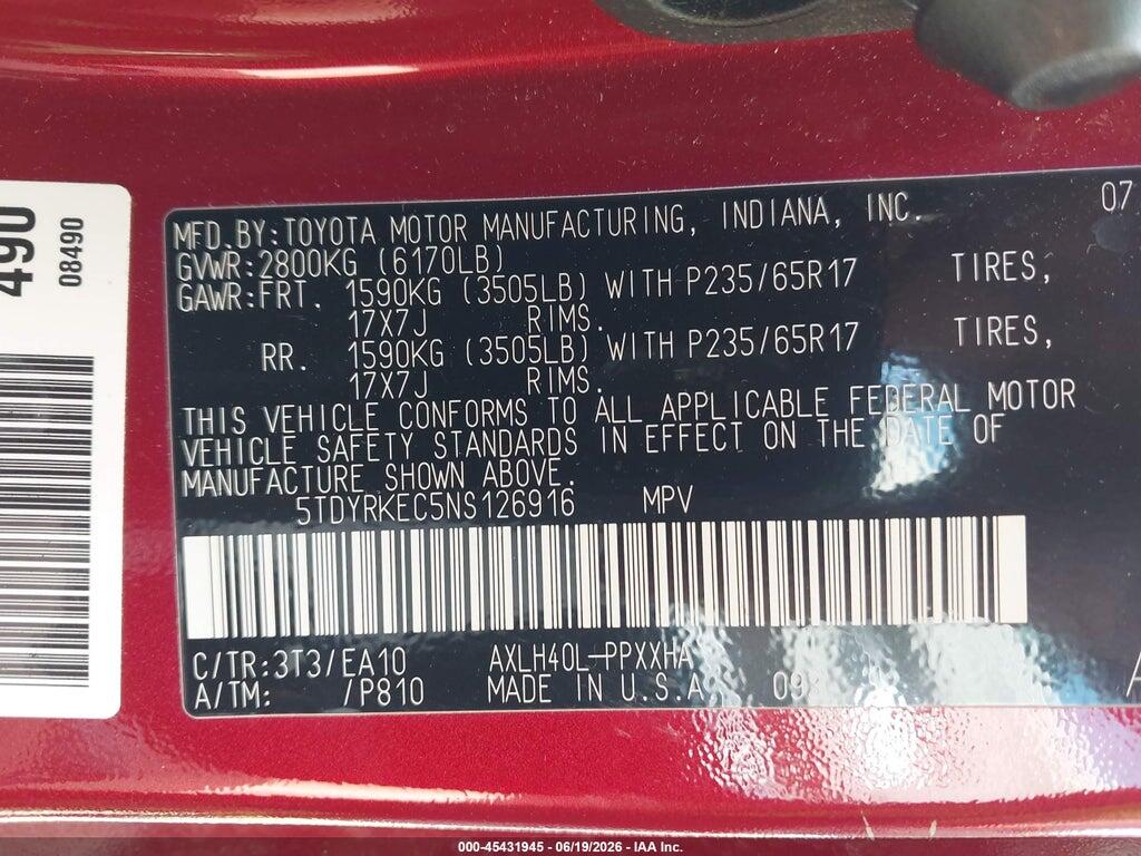 5TDYRKEC5NS126916 2022 TOYOTA SIENNA photo no. 9