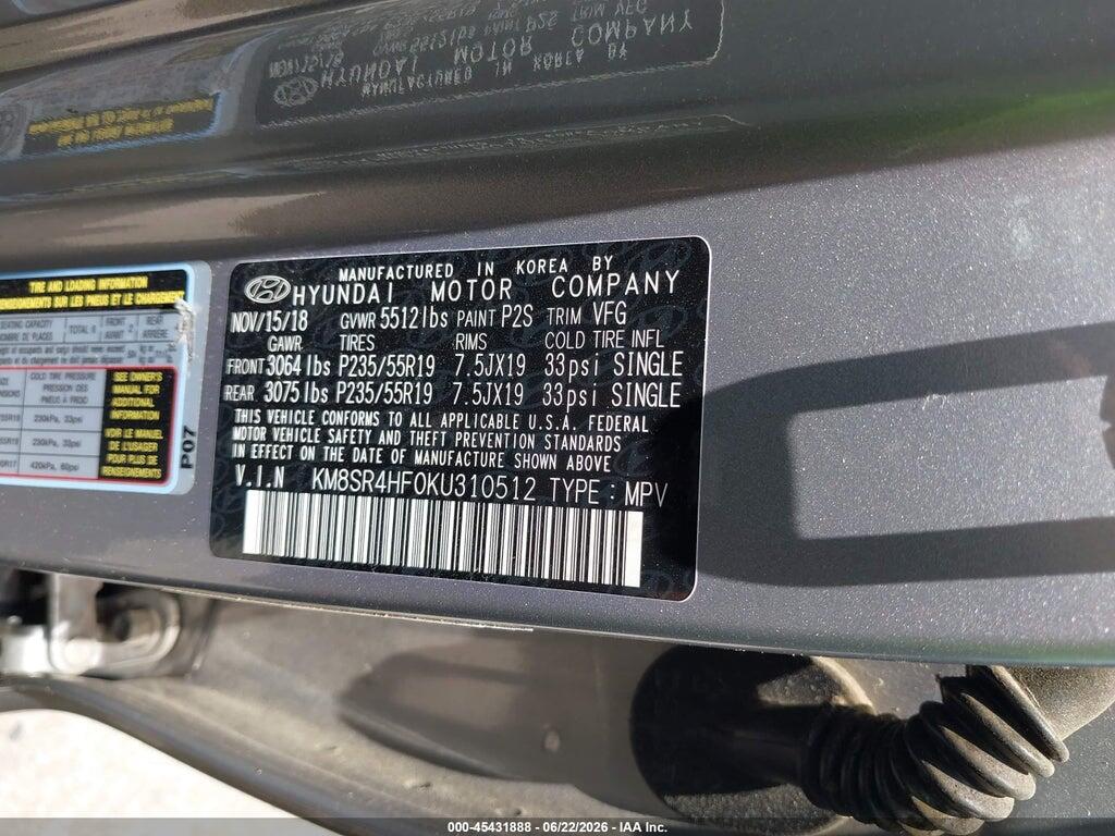 KM8SR4HF0KU310512 2019 HYUNDAI SANTA FE XL photo no. 9