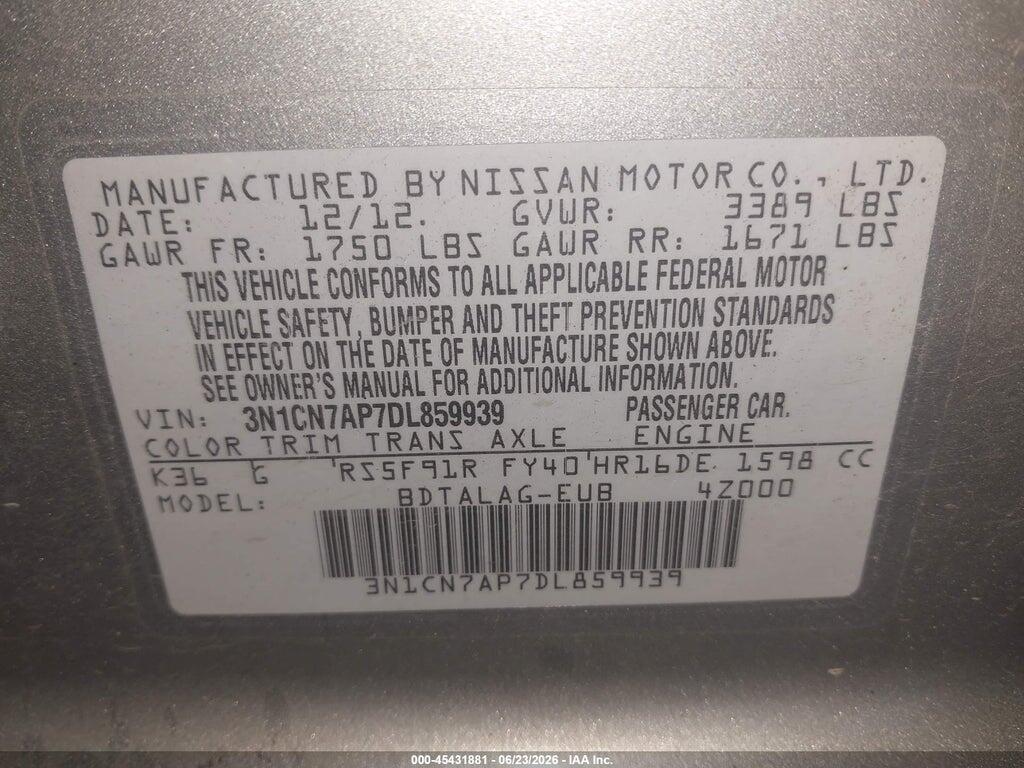3N1CN7AP7DL859939 2013 NISSAN VERSA photo no. 9
