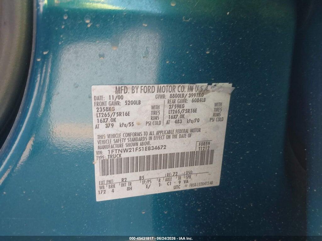 1FTNW21F51EB34672 2001 FORD F-250 photo no. 9