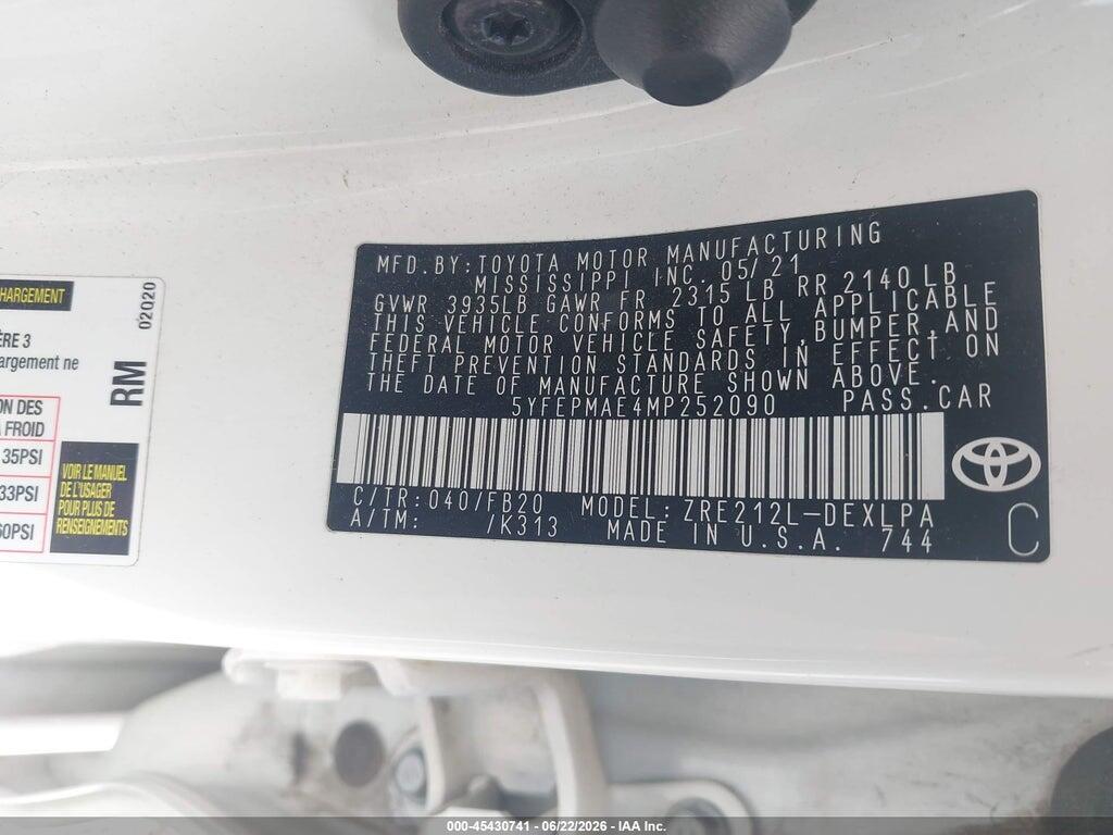 5YFEPMAE4MP252090 2021 TOYOTA COROLLA photo no. 9