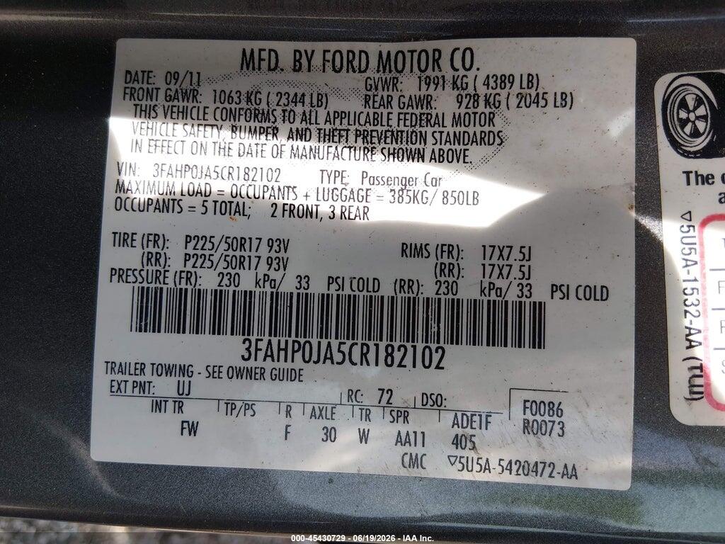 3FAHP0JA5CR182102 2012 FORD FUSION photo no. 9