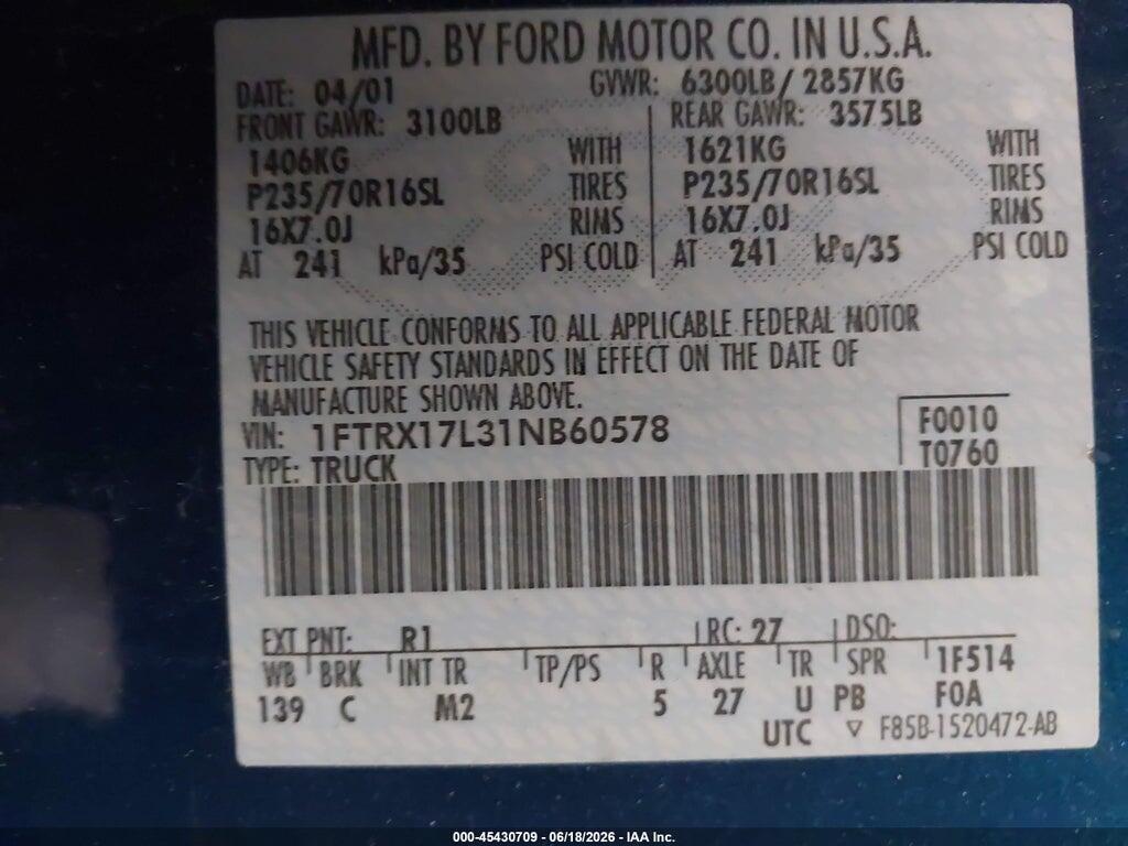 1FTRX17L31NB60578 2001 FORD F-150 photo no. 9