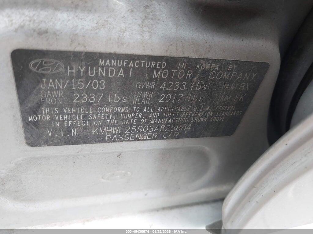 KMHWF25S03A825884 2003 HYUNDAI SONATA photo no. 9