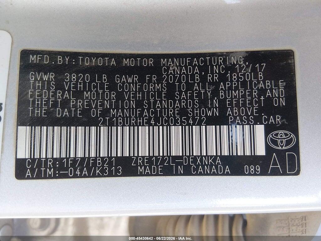 2T1BURHE4JC035472 2018 TOYOTA COROLLA photo no. 9