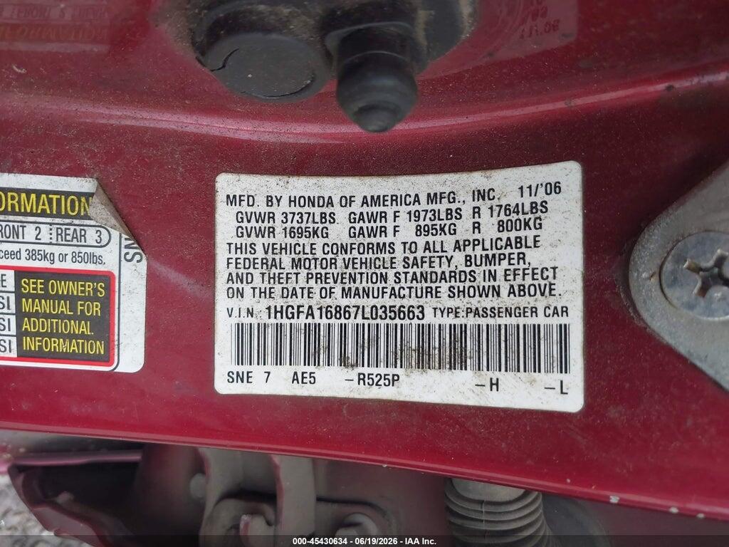 1HGFA16867L035663 2007 HONDA CIVIC photo no. 9