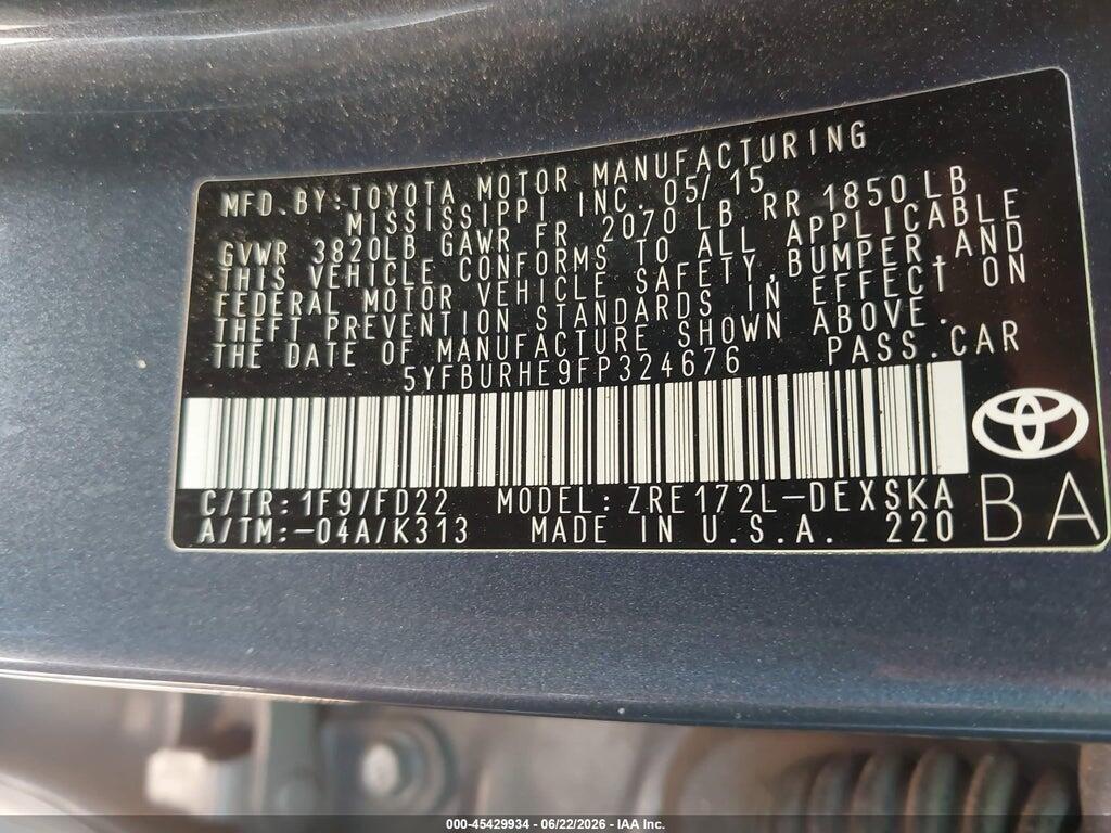 5YFBURHE9FP324676 2015 TOYOTA COROLLA photo no. 9
