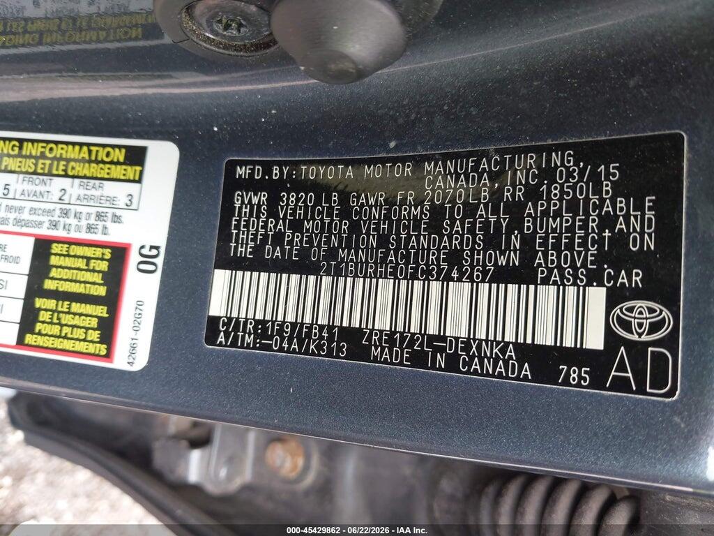 2T1BURHE0FC374267 2015 TOYOTA COROLLA photo no. 9
