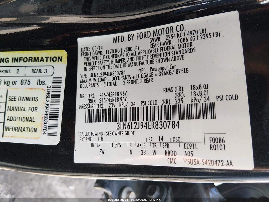 3LN6L2J94ER830784 2014 LINCOLN MKZ photo no. 9