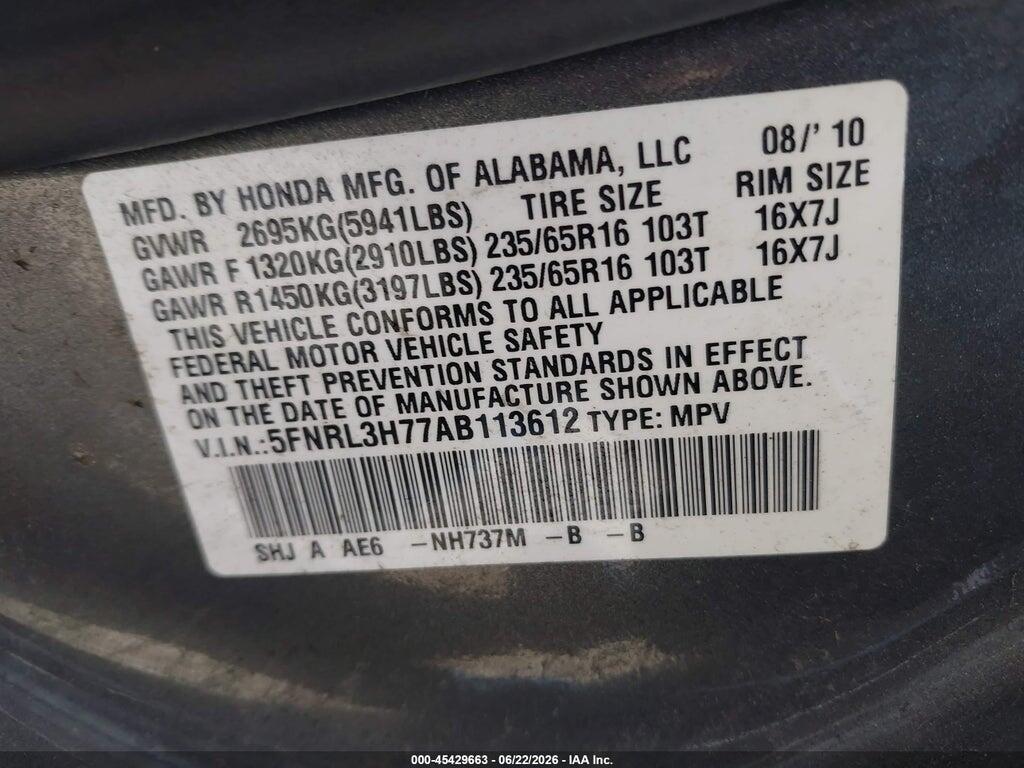 5FNRL3H77AB113612 2010 HONDA ODYSSEY photo no. 9