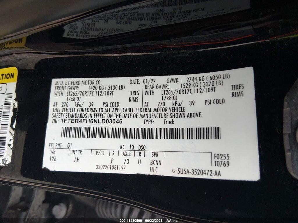 1FTER4FH6NLD03046 2022 FORD RANGER photo no. 9