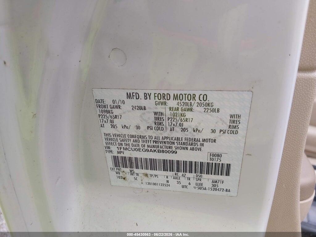 1FMCU0EG9AKB80099 2010 FORD ESCAPE photo no. 9